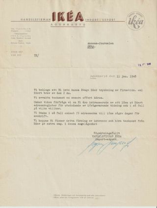 Ingvar Kamprad,  Signed Letter,  Founder Of Ikea,  1948