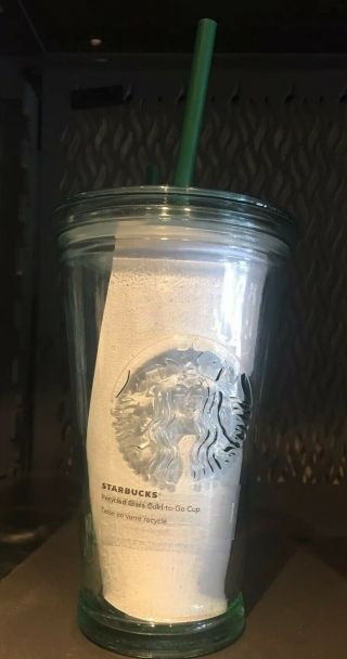 Starbucks Recycled Glass Tumbler Cold 16 Oz Cup With Lid & Straw