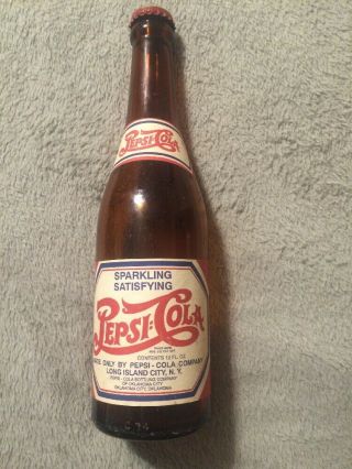 Vintage Pepsi:cola Amber Soda Bottle Rwb Paper Label Oklahoma City,  Oklahoma