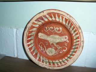 Old Red Clay Pottery Folk Art Plate Mexico Handpainted