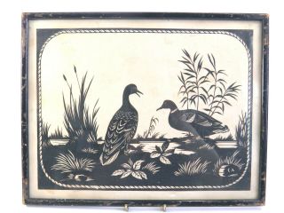 Antique Early 20th Century Paper Cut Silhouette Picture Two Ducks In A Landscape