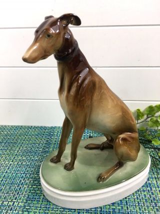 Zsolnay Hungarian Porcelain Greyhound Dog Figurine On Base 10 1/2” Tall