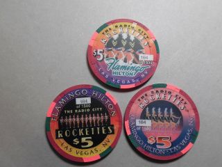 Casino Chip C - 124 Set Of 3 Different - Las Vegas Flamingo - Radio City Rockettes
