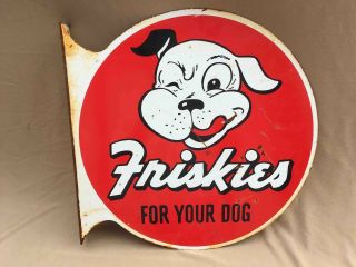 Vintage Large Friskies For Your Dog Food 2 Sided Advertising Pet Flange Sign