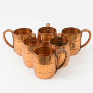 Vintage Set Of 6 West Bend Solid Copper Moscow Mule " Barrel " Mugs 3 - 5/8 " Tall