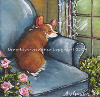 Welsh Pembroke Corgi Painting Dog On Chair Puppy Collectible Art Gift