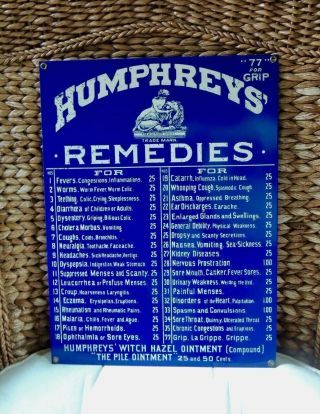 Vtg Ande Rooney Heavy Metal Porcelain Sign " Humphreys Remedies " Health Medicine