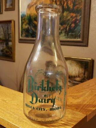 Round Quart Glass Milk Bottle Miles City Montana Birkholz Dairy Green Pyro Abc 