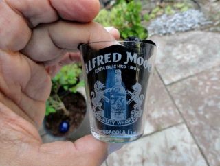 Alfred Moog Etched Whiskey Shot Glass Lions & Bottle Pensacola,  Florida Fla 1898