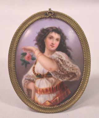 Antique Orientalist Dancer Painting On Porcelain Plaque Bronze Frame