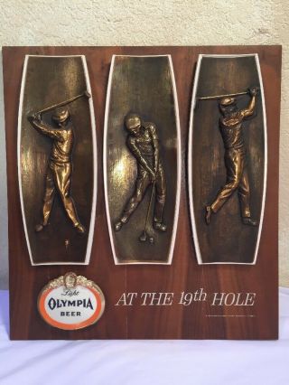 Very Rare 1964 Olympia Light Wooden Beer Sign At The 19th Hole Golf