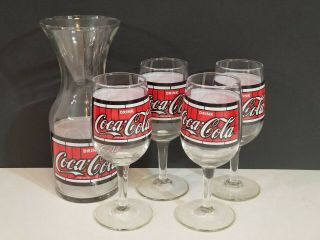 Vtg Coca - Cola Stained Glass Design Wine Glass Cup Set Of 4,  Carafe Pitcher
