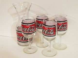 Vtg COCA - COLA Stained Glass Design Wine Glass Cup Set of 4,  Carafe Pitcher 2