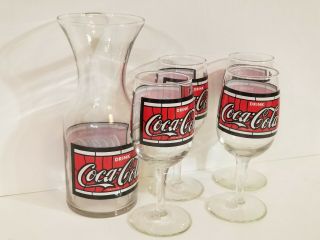 Vtg COCA - COLA Stained Glass Design Wine Glass Cup Set of 4,  Carafe Pitcher 3
