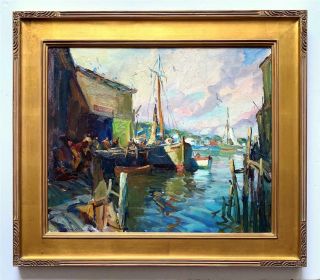 Charles Movalli - Gloucester Harbor Scene W/fishing Boats - Brilliant Color