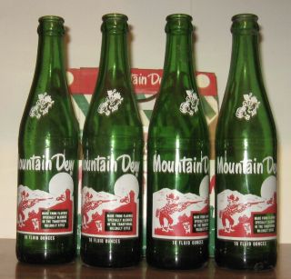 4 Mountain Dew Bottles Hillbilly Style With Carrier 10 Oz 1960 