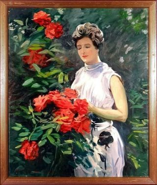 Stunning Ca.  1965 Listed Artist Lady W/ Flowers Painting Oil/canvas/frame Signed