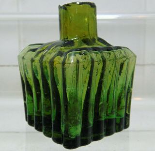 Taller Style Green To Amber P.  C.  Embossed Ribbed Ink Bottle C1900 