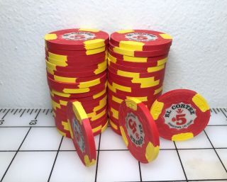 Rare El Cortez $5,  Red & Yellow,  H&C Set of 43 Las Vegas Casino Chips 2