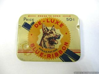 Rare Antique De - Luxe Blue Ribbon Condom Metal Tin Dog Front With 1 Condom