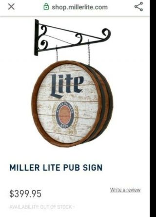 Vintage Miller Lite Beer Barrel Keg Pub Sign,  Man Cave Sign