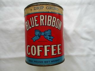 Vintage 1 Lb.  Blue Ribbon Coffee Tin Can With Correct Lid
