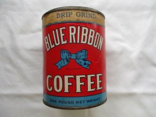 Vintage 1 lb.  BLUE RIBBON Coffee Tin Can with correct lid 3