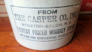 Antique RARE Stoneware Advertising Whiskey Jug THE CASPER CO.  WINSTON - SALEM NC 2