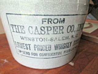 Antique RARE Stoneware Advertising Whiskey Jug THE CASPER CO.  WINSTON - SALEM NC 4