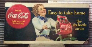 Rare Vtg 1940 Coca - Cola 43 " X 21 " Cardboard Sign Girl On Bicycle 6 Pack Bottles