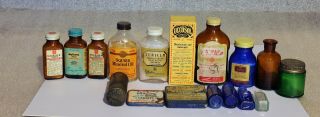 17 Vintage Glass Jars Bottles Tins Medical Brown Blue Green Medical Apothecary