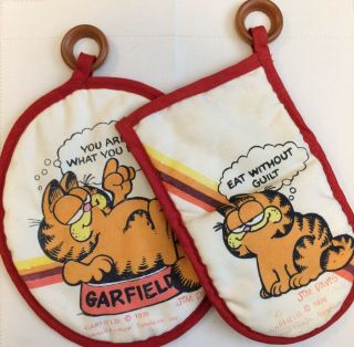 Vintage Garfield Pot Holders 70s Kitchen Comics Kitsch Rare Novelty Oven Mit