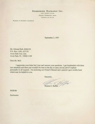 Warren Buffett Hand Signed Autographed Berkshire Hathaway Letter Jsa Certified
