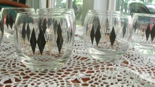 8 Mid Century Federal Harlequin Roly Poly Glasses Atomic Black & Gold Diamonds 5