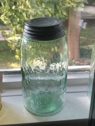 Whittled Light Green Masons Patent 1858 Quart Fruit Jar Sun Moon Stars Zinc Lid