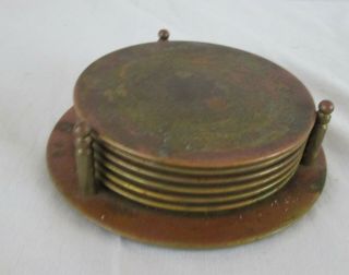 Set Of 6 Vintage Copper Coasters & Storage Tray Shabby Patina Etched Design