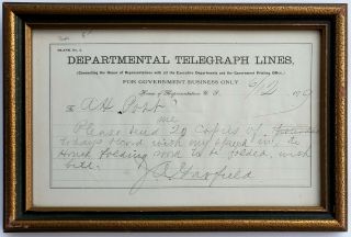 U.  S.  PRESIDENT JAMES A.  GARFIELD AUTOGRAPH TELEGRAPH SIGNED c.  1879, 5