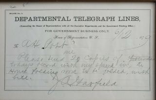 U.  S.  PRESIDENT JAMES A.  GARFIELD AUTOGRAPH TELEGRAPH SIGNED c.  1879, 6