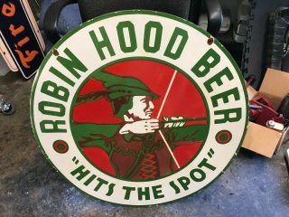 Old " Robin Hood Beer " Large,  Heavy,  Double Sided Porcelain Sign (30 " Inch)