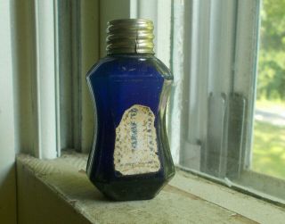 1860s Cobalt Blue Perfume Scent Bottle With Label & Lid Boston & Sandwich Glass