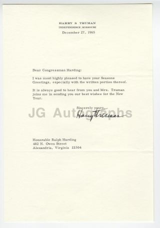 Harry S.  Truman 1965 Signed Letter Sent To Congressman Ralph R.  Harding
