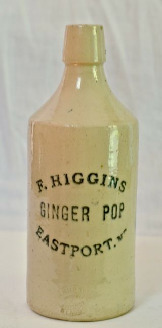 Antique F Higgins Stoneware Pottery Ginger Beer Pop Bottle Eastport Maine Me