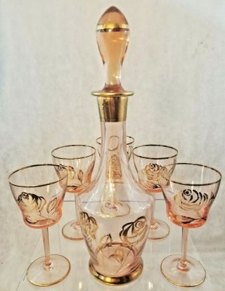 Vtg Mcm 7 Pc Set Romania Tuskany Pink Glass Gold Hand Made Decanter Glasses Rose
