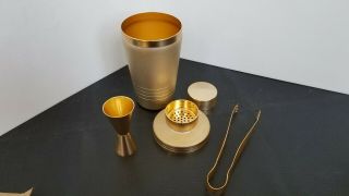 Vintage Mirro Gold Aluminum Cocktail Shaker With Strainer,  Jigger/pony & Tongs