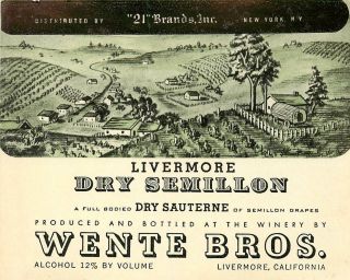 Label Wine 1940s Livermore Sauvignon Blanc Wente Bros California 21 Brands