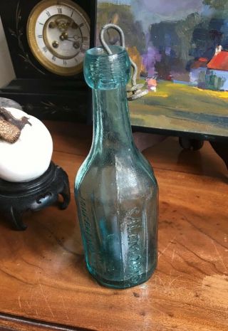 Antique,  Green Glass,  Blob Top,  Octagonal Bottle,  W/top,  Embossed,  Salem,  Ohio