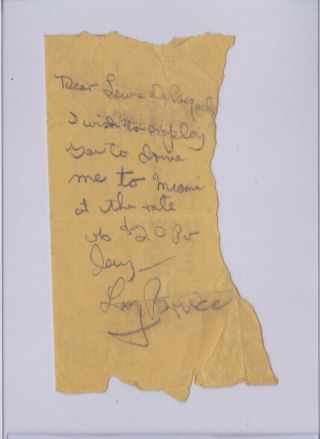 Lenny Bruce - Signed,  Hand - Written Note - Rare Autograph; Comedy Icon