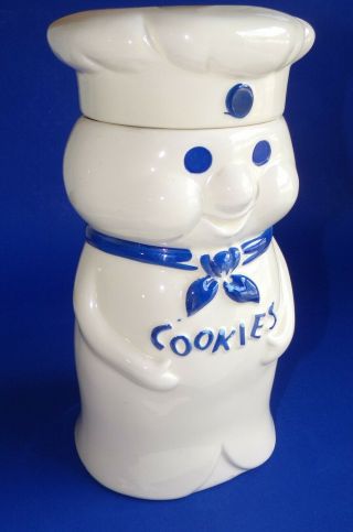 Pillsbury Cookie Jar 1973 Poppin Fresh Treat Canister Doughboy White With Blue