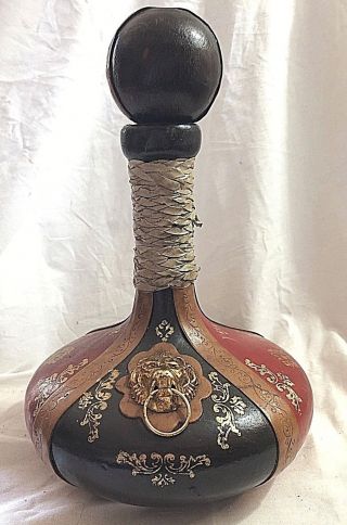 Vintage Leather Wrapped Genie Bottle Decanter Made In Italy Lion Crests