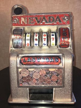 Vintage Mini Coin Slot Machine Bank Las Vegas Nevada Table Top Toy Game Jackpot
